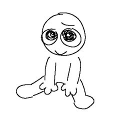 a drawing of a cartoon character with big eyes and long legs, sitting on the ground