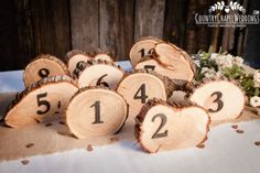 wedding table numbers are arranged on wood slices