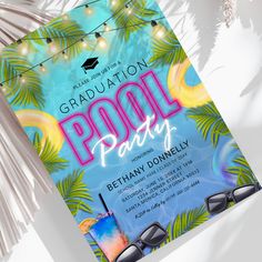 a graduation pool party flyer with sunglasses and palm trees in the background on a white wall