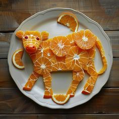 a plate with orange slices cut in to look like a cow