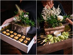 two pictures of food on a tray with flowers and plants in the middle one is being held by a woman's hand