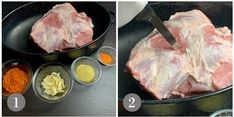 two pictures showing how to cook meat in a skillet