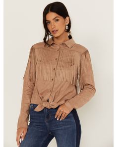 Justin Boots Womens, Fringe Shirt, Mens Slacks, Women's Circle, Fringe Top, Women Long Sleeve Tops, Suede Fringe, Denim Outfit, Denim Top