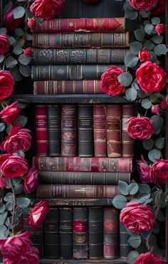 roses and books are arranged in a bookcase with flowers on the shelves, all around them