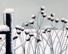 a painting of snow and flowers in the foreground