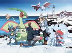 some people are standing in the snow with pokemon