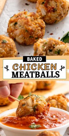 baked chicken meatballs with marinara sauce in a white bowl