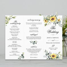 the wedding program with sunflowers and greenery