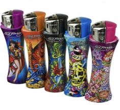 the colorful lighters are lined up in a row with different colors and designs on them