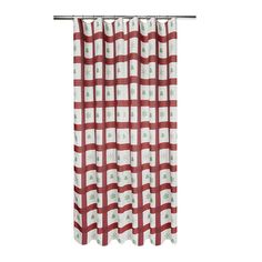 a red and white checkered curtain with trees on the bottom, in front of a white background