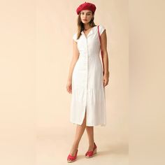 Size: Xs, M, L, Xl. Color: White Material: 70% Polyester, 30% Cotton Details: - Solid Color - Lapel - Ruffle Hem - Cap Sleeve - High Waisted - Polyester - Cocktail & Party - Cozy & Casual - Office & Work Dresses - Stylish - Sorority Rush This Midi Dress Is Absolutely A Gift For Women For The Simple Cut Shows Female Grace And Gentleness To The Fullest. Featuring A Lapel And A V-Neck, As Well As The Cap Sleeve, The Female Upper Part Is Much More Stereo. Plus, The High-Waisted Design Offers Women A Fitted Summer Maxi Dress For Daywear, Casual Fitted Maxi Dress For Daywear, Fitted Casual Maxi Dress For Daywear, Casual Fitted Maxi Dress For Daytime, Fitted Summer Maxi Dress For Daytime, Fitted Maxi Dresses For Daytime, Casual Fitted Midi Dress For Daytime, Fitted Midi Dress For Daytime, Feminine Fitted Midi Dress For Daytime