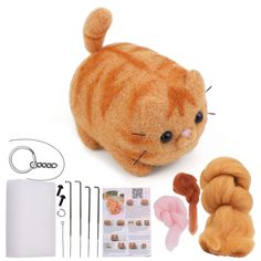 an orange cat is sitting next to the supplies needed for making it look like she's sleeping