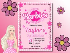 a barbie doll birthday party with pink and purple flowers on the side, and an image of a barbie doll