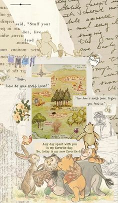 an image of winnie the pooh collage with handwritten text and pictures on it