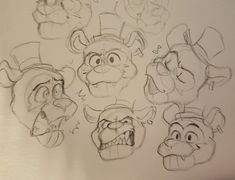 sketches of cartoon heads with different expressions on them, including the head of an angry man