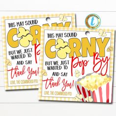 two popcorn themed thank you cards with the words popcorn written in red and yellow on them