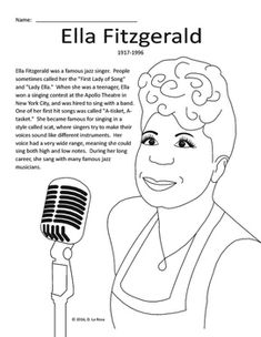 a woman holding a microphone with the words ella fitzgerald written in black and white on it