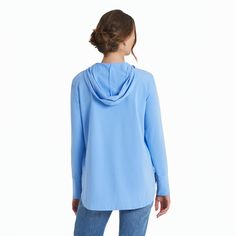 Designed to complement leggings or jeans, this stretchable jersey hoodie is in it for the long run (or walk). 92% USA Grown Cotton / 8% Spandex Crusher-Flex Jersey 7.08 oz. Mid-weight cotton/spandex jersey, garment washed for softness Tunic length with hood, self-fabric cuffs, kangaroo pocket and rounded hi-lo hem Life Is Good® twill patch. Size medium is 27 ½" long in front; 28 ½" long in back Imported | Life is Good Women's Moon Stars Crusher-FLEX Hoodie Tunic Long Sleeve T-Shirt in Cornflower Spring Sportswear Top With Drawstring Hood, Hooded Relaxed Fit Tops For Sportswear, Sporty Tops With Drawstring Hood For Spring, Relaxed Fit Hooded Top For Sportswear, Long Sleeve Stretch Top With Upf 50+, Relaxed Fit Hooded Sportswear Tops, Sporty Hooded Top With Relaxed Fit, Upf 50+ Stretch Long Sleeve Top, Stretch Crew Neck Top With Drawstring Hood