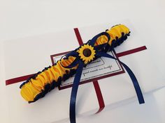 "Navy Blue Golden Yellow Wedding Garter Set, Ivory Lace Bridal Garter Set, Sunflower Garter Set, Rustic Garter Belt Make your wedding day even more special with this two piece bridal garter set. Using a tape measure, simply measure around your thigh in the spot where you will be wearing the garter (usually about 4\" above your knee). Use that measurement as a guide to select the correct size for your garter. Please measure your thigh carefully to select the correct size. All garters are custom m Sunflower Garter, Golden Yellow Wedding, Custom Wedding Garter, Bridal Garter Lace, Bridal Garters Set, Wedding Garter Set, Wedding Garters, Bridal Garter, Wedding Garter