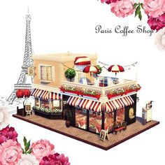 an illustration of a coffee shop with pink flowers and the eiffel tower in the background