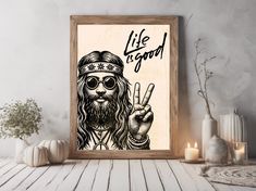 a wooden frame with a drawing of a bearded hipster holding up the peace sign