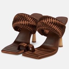 Elevate your style with these brown satin 4-inch heel mules. Featuring a square toe and intricate braided strap, these sandals exude elegance and sophistication for any fashionable ensemble. Color: Brown Heel Type: Conical heels Heel Height: 4" / 100 mm approx Product measurements were taken using size 8. Please note that measurements may vary by size. Toe: Open square toe Braided strap design Toe ring design Handcrafted US sizing. Fits true to size Toe Ring Designs, Gia Borghini, Pretty Heels, Satin Sandals, Mules Sandals, Rosie Huntington, Heeled Mules Sandals, Hot Heels, Heel Mules