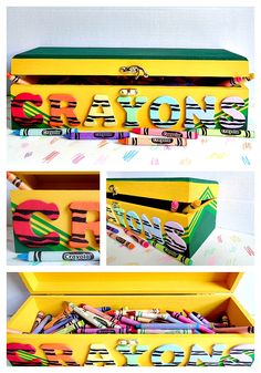 an open yellow box filled with crayons on top of a table