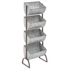 three tiered metal basket stand with four baskets on each side and one shelf below