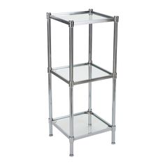 a three tiered glass shelf with metal legs and shelves on one side, the top is