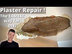 a man standing in front of a ceiling that has been stripped off with the words plaster repair on it