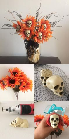 there are several pictures of skulls and flowers in the vases with orange flowers inside