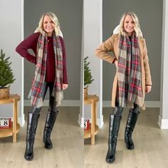 Holiday outfit idea for a casual day of shopping! Faux leathers leggings paired with a plaid scarf and tunic sweater. Cute faux leather leggings outfit! Happy Wife Happy Life, Straight Leg Jeans, Leg Jeans, Straight Leg