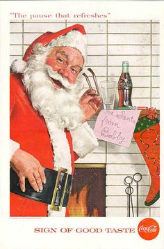 an old fashioned christmas card with santa holding a pipe