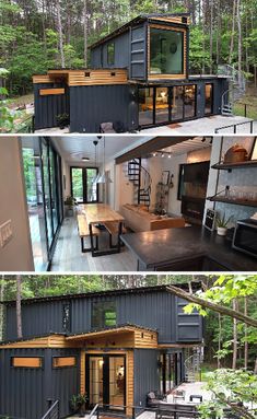 two pictures of the inside and outside of a house in the woods, with stairs leading up to it