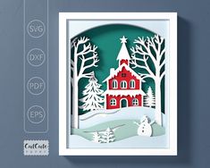 a paper cut christmas scene with a red house and snowman in the foreground