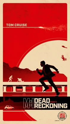 a movie poster with a man running on the train tracks in front of a red sky