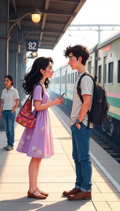 a man and woman standing next to each other at a train station