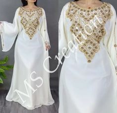 SALE White Moroccan Dubai Kaftan Farasha Abaya Dress Very Fancy Long Gown 432 | eBay Elegant Georgette Maxi Abaya, Floor-length Georgette Abaya For Party, Elegant Long Sleeve Georgette Abaya, Elegant Semi-stitched Maxi Dress, Elegant Georgette Abaya With Dabka, Eid Georgette Abaya With Dabka Work, Eid Abaya With Dabka Work On Georgette, Elegant Maxi Dress With Dabka Work, Elegant Fitted Maxi Dress With Dabka