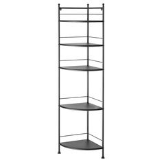 a tall metal shelf with three shelves on each side