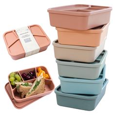 several containers with food in them stacked on top of each other and one is empty