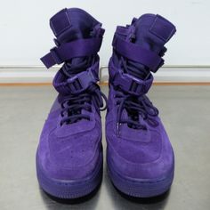 Nike SF Air Force 1 High Court Purple US Men's Size 8.5 (no box). Ships quickly! Pre-owned. Slight heel drag. No box. Both straps included. Both paracords included. This colorway in Nike’s Court Purple collection updates the classic basketball sneaker design infused with military style inspiration. The Special Field Air Force 1 'Court Purple' is an all-over tonal look that enhances the different parts and materials including a premium suede upper, ballistic nylon on the ankle, and a paracord ankle strap. Released May 2018 Nike Sf Air Force 1, Nike Sf, Sneaker Design, Air Force 1 High, High Court, Basketball Sneakers, Military Style, Us Man, Designer Sneakers