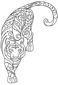 a black and white drawing of a tiger with intricate designs on it's body