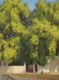 a painting of trees in front of a building