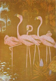 three flamingos are standing in the water near some palm trees and leaves, with one bird sitting on its back