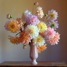 a vase filled with lots of different colored flowers on top of a wooden table next to a wall