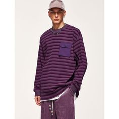 Autumn Retro Striped Pullover T-Shirt  Material: 100% Cotton  Size: M, L, XL Color: Purple, Dark Green  Season: Spring, Fall,   Occasion: Leisure, Outdoor, Daily, Vacation,Fall Outfits Casual Tops With Pockets And Crew Neck, Casual Crew Neck Top With Pockets, Casual Striped Sweatshirt For Streetwear, Casual T-shirt With Ribbed Cuffs For Layering, Purple Crew Neck Tops With Ribbed Cuffs, Purple Crew Neck Top With Ribbed Cuffs, Purple Relaxed Fit Long Sleeve Sweater, Relaxed Fit Long Sleeve T-shirt, Purple Relaxed Fit Sweater For Streetwear