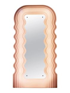 an illuminated mirror with wavy shapes on the front and back sides, against a white background