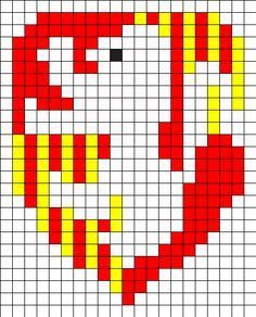 a cross stitch pattern with red, yellow and white squares in the shape of a face