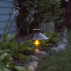 a light that is on in the grass by some rocks and plants with purple flowers