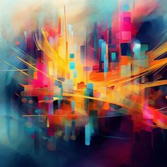 an abstract painting with bright colors and lines